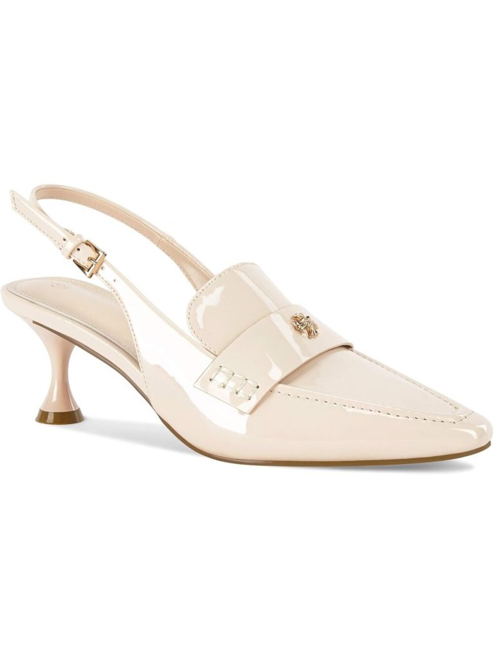 Women's Apricot Faux Leather Pointed Toe Slip On Ankle Buckle Kitten Heel Pumps